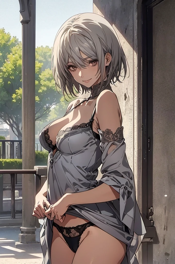 (Highest quality, High resolution, Very detailed), Silver Hair, Super short hair, Reddish brown eyes, silver maxi dress, lace thong, Large Breasts, 24th generation, Beautiful woman, mature, quiet, Calm, A small smile, park, blue sky,