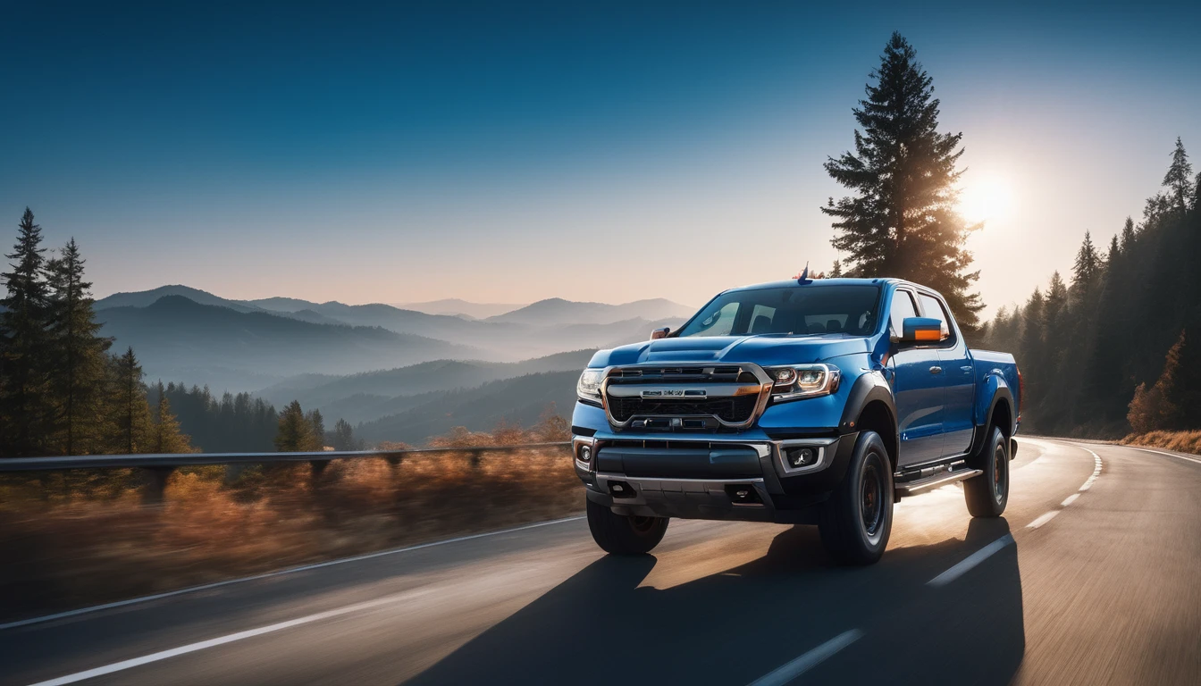 pickup truck photos,A pickup truck,Driving on the road,Car side,Blue photo,detail强化,blur background/Bokeh,Bright with natural light,Ray Tracing,Sky,forest,Hill in the distance,Highly detailed environments,Low depth of field,HD,detail,8K,lens flare,Sunlight,
