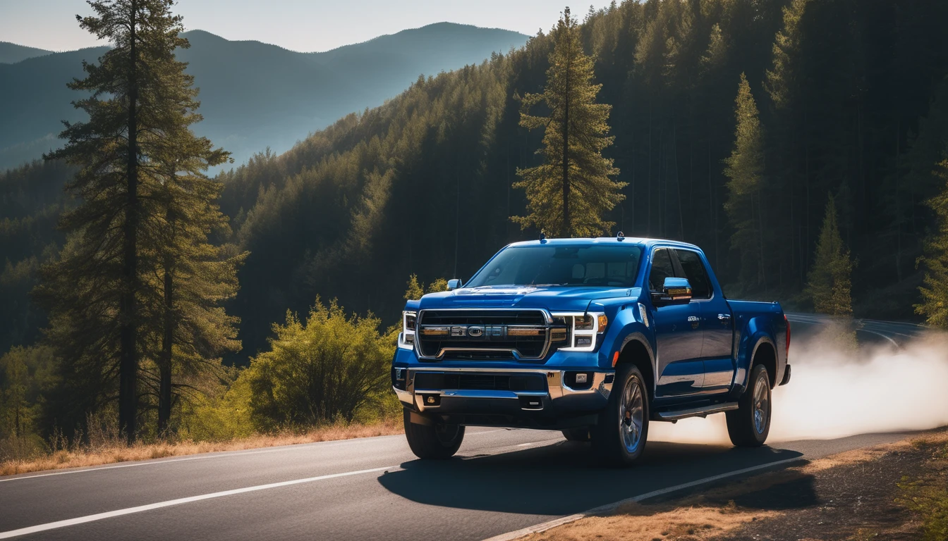 pickup truck photos,A pickup truck,Driving on the road,Car side,Blue photo,detail强化,blur background/Bokeh,Bright with natural light,Ray Tracing,Sky,forest,Hill in the distance,Highly detailed environments,Low depth of field,HD,detail,8K,lens flare,Sunlight,