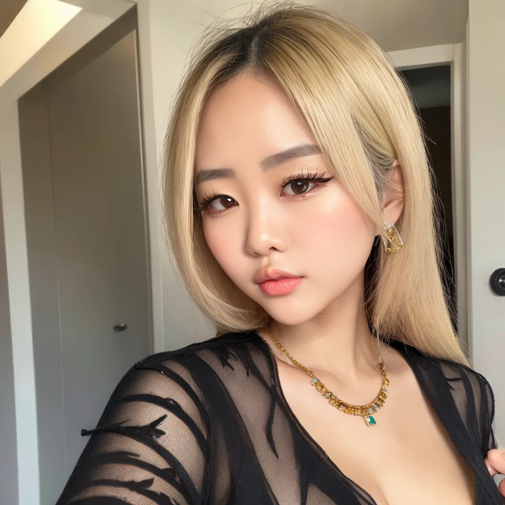 vietnamese girl ,slut, 1girl,wearing jewelry,blonde hair, light blonde hair,face closeup,abg, makeup