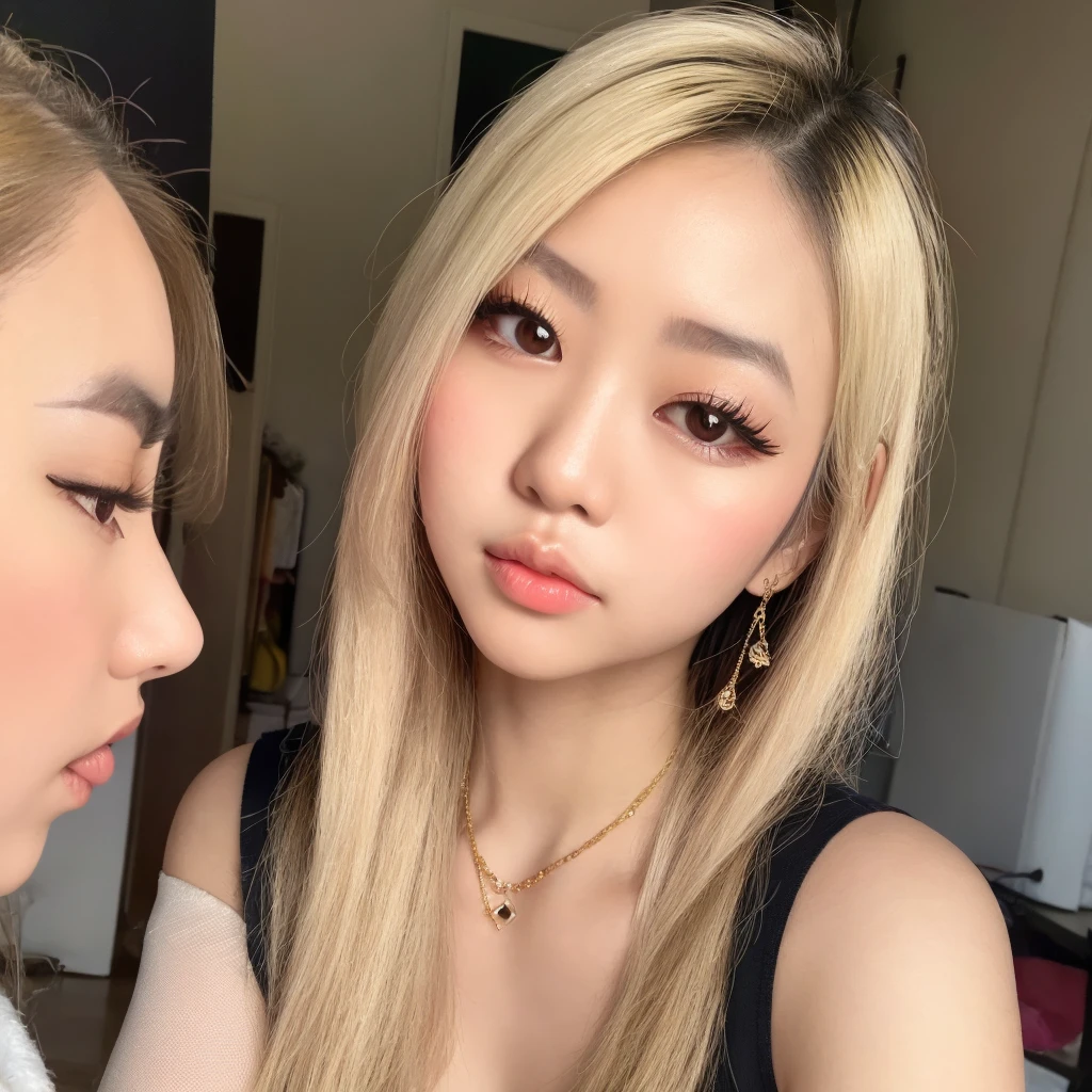 vietnamese girl ,slut, 1girl,wearing jewelry,blonde hair, light blonde hair,face closeup,abg, makeup