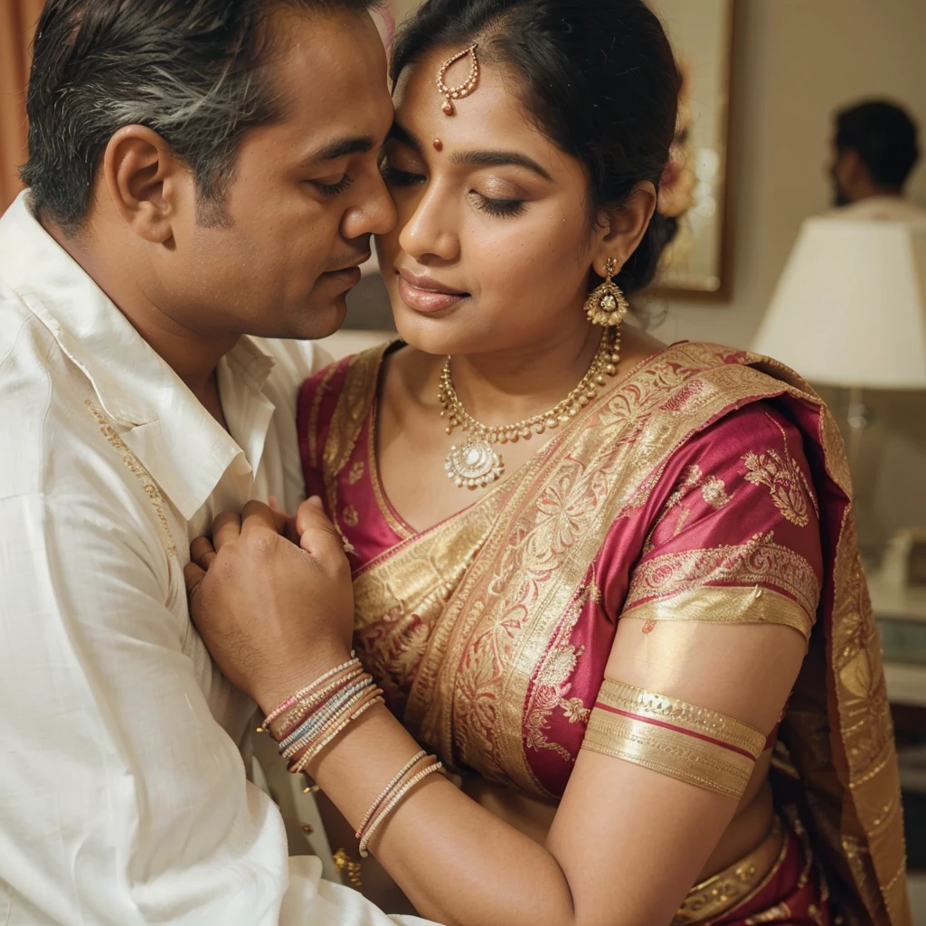 35mm film photography, A middle-aged Caucasian man with short dark hair tenderly embracing and kissing a young, curvaceous South Indian bride dressed in a traditional Indian dawani in a comfortable living room. A group of three Caucasian men observing the couple., high detail, split gradient colors background, full body image 
