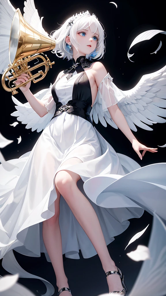 The background is black, featuring an angel with white hair, a white dress, blue eyes, and white wings on her back. She is a young woman holding a trumpet and descending from the sky to the ground.