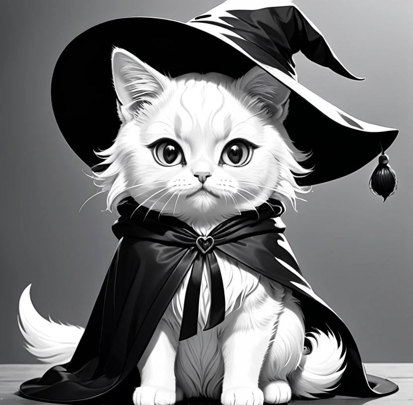 Coloring book illustration、Line art、Black and White、Monochrome、Outline Image、Wizard Cat、Hat and cloak、Cat Witch、cute、witch&#39;s hut、Clear lines