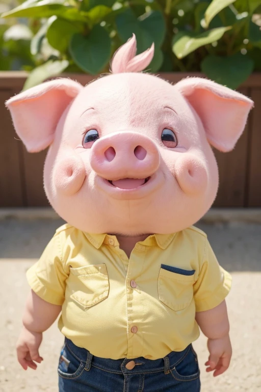 Imagine a little pink pig with big ears and a cute round snout. He is wearing a vibrant yellow shirt that contrasts with his skin color.. The shirt may have buttons down the front and perhaps even a pocket. The little pig is smiling, giving a friendly and cheerful appearance.