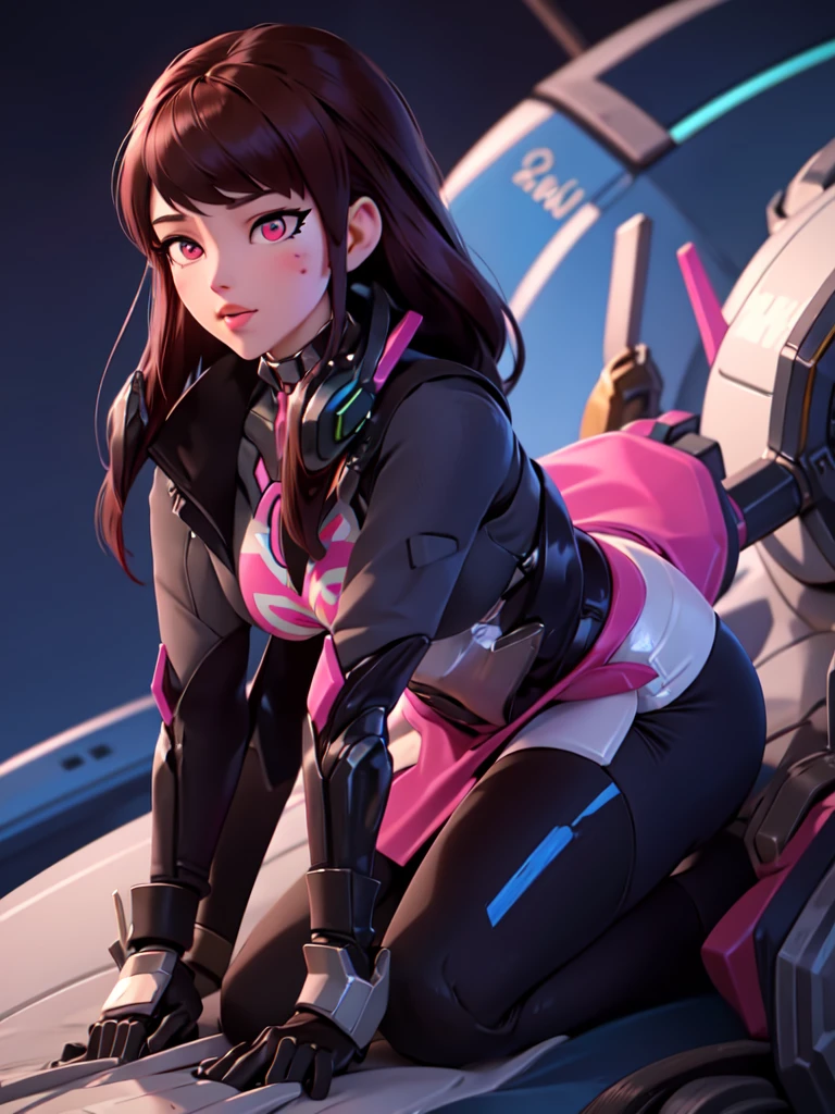 Masterpiece, Best Quality, High Resolution, 1girl, Super High Resolution, Solo, Mech Pilot, D.VA, Headphones, Pink Eyes, Blue bikini Tights, Brown Hair, White Gloves, Cat Face Adornament, neon beach at night 