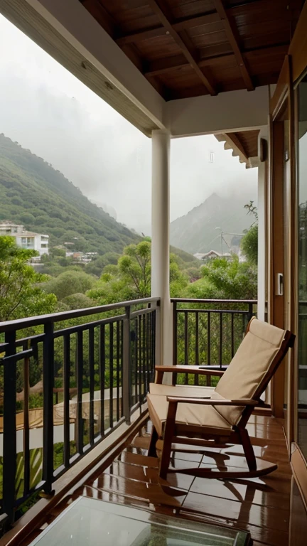 make a casual image, inside a house, with balcony and nature view, on a rainy day