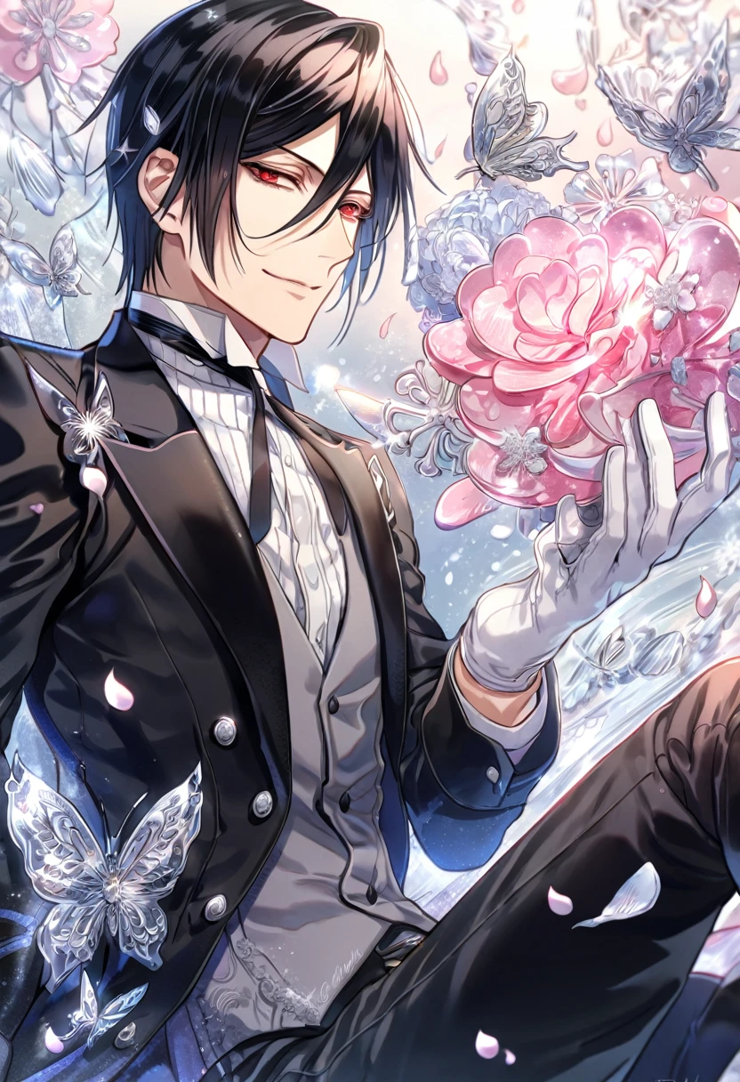 Ultra detailed, HDR, Highres, absurdres, master piece, Sebastian Michaelis, black hair, expressive red eyes, Kuroshitsuji, black jacket, gray vest, white shirt, handsome, ice glittering butterflies, ice, petals, pink ice glass flowers, glittering, water, fantasy, magical, snowflakes, cold, handsome smile, white gloves, Black Butler, solo, sexy man sitting, black pants