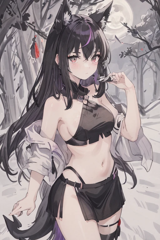 work of art, best qualityer, natta, , clouds, fullmoon, long hair, Woman, silhuette, fire flies.((best qualityer)), ((work of art)), (detailded),A hybrid that is half white wolf, half great white shark and has heterochromia. Worn in black clothes, with half purple half black hair a girl is half white wolf half white shark with heterochromia black and purple hair with black dress with shark details