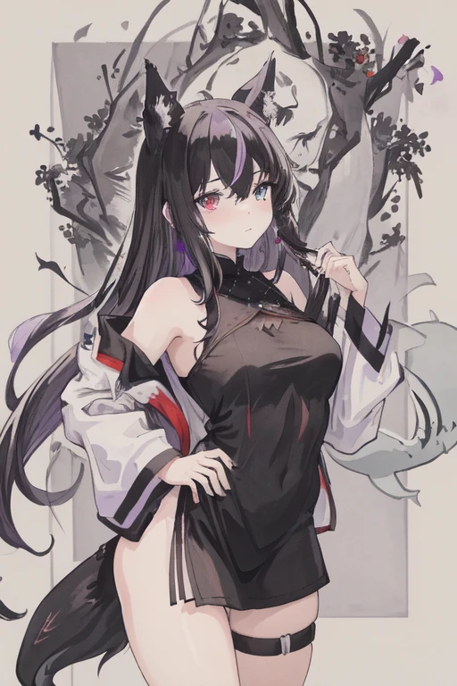 Grown-up girl, Long black hair with white strands, high ponytail, red eyes, purple lipstick, white chinese dress, Sleeveless, open breasts, open belly, smirk, Violet Flame, Masterpiece, hiquality, 4k, HD, Good detail
