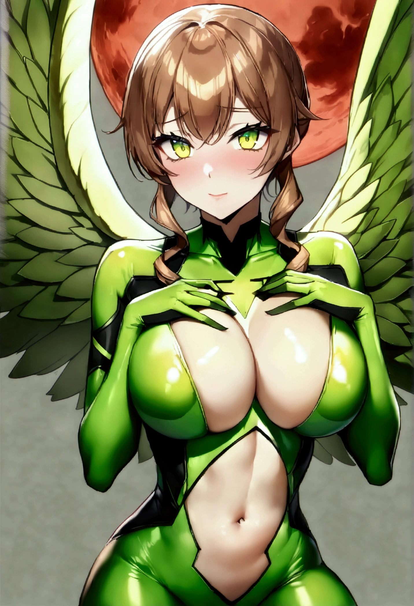 長い髪を持つbeautifulアニメ風のバードレディ,((Rin々Beautiful bird)),(((White and brown hair)))Long one curl hair,(((Highest quality)))Transparent Hair,Evil Face,Eyes full of sadism,(((Yellow-green eyes))),Greedy Beauty,(((A well-defined, glamorous body)))((Huge bust))Tight waist,(((Wearing a body suit)))A radical beauty in a risqué bodysuit,(Shiny bodysuit),Bird wings,Bird&#39;s Tail,((Extreme bodysuit)),((A bodysuit that exposes the chest, navel, and thighs)),((Fair skin)),beautiful,(((Archer readying))),((右手にbowを持ち,左手でArrowを構える姿をしている)),(((detailed)))Full Body Shot,bow,Arrow(((background)))fog,Red Moon,Barren Land。