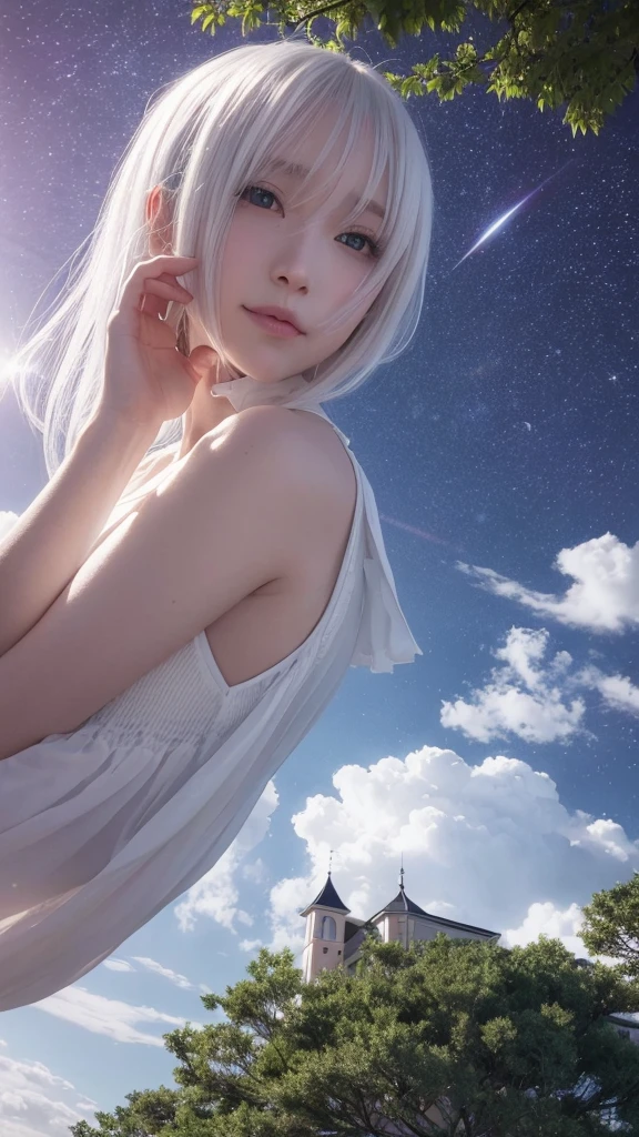 17 year old girl, short white hair, Very curly, ribbon on the neck, Skinny body, small bust, naked, With a blanket, lying down, two hands, shows her legs, sitting on a hill at night, very starry sky, few trees, flowers illuminating, she very pretty.