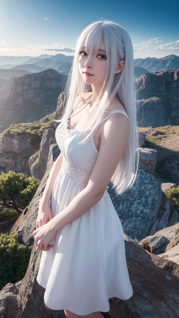 The background is a city, perfect white-haired girl,  in dress, white-haired, white-haired god, cute anime waifu in beautiful clothes, gray-haired, best anime 4k konachan wallpaper, little curve , guvez on Pixiv ArtStation, white-haired girl, nightcore, standing on a tree, looking up at the stars, face super detailed