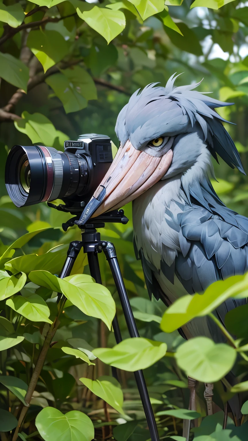 RAW Photos、Highest quality、ultra High resolution、High resolution、masterpiece:1.3、shoebill stork、Sharp Eyes、Aiming for prey、Dense forest、Swamp、BREAK、BREAK、(((Wildlife photographer、One girl photographer、A female photographer secretly taking pictures、A photographer quietly observing a shoebill stork、Behind the cameraman:1.2、Girl with a heavy camera)))、