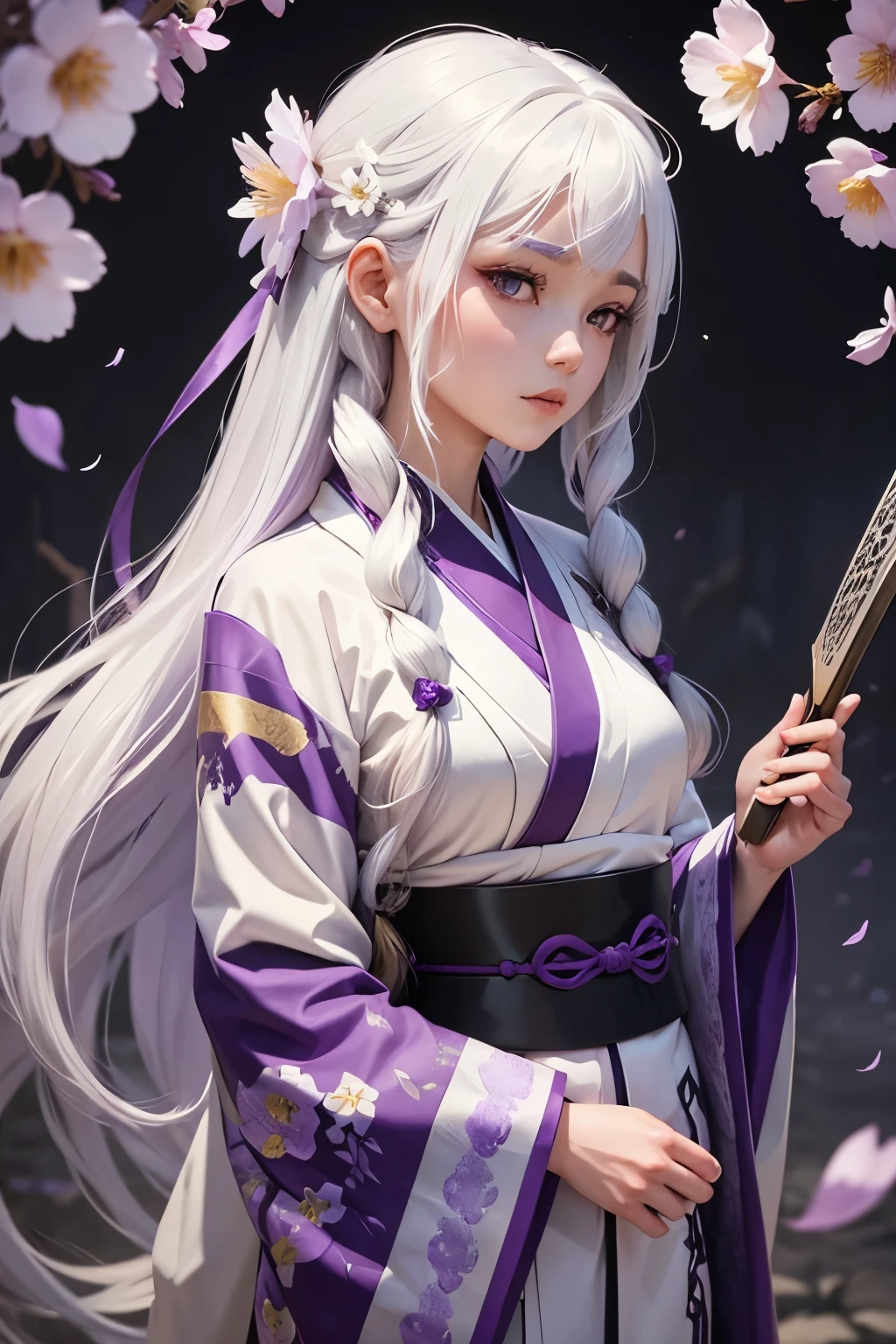 Girl white hair with purple tones long hair, white kimono with purple tones and flowers, Demon Slayer style 