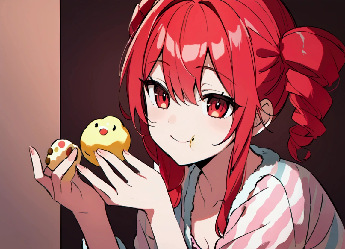 Eating sweets.Red hair, loungewear, smiling