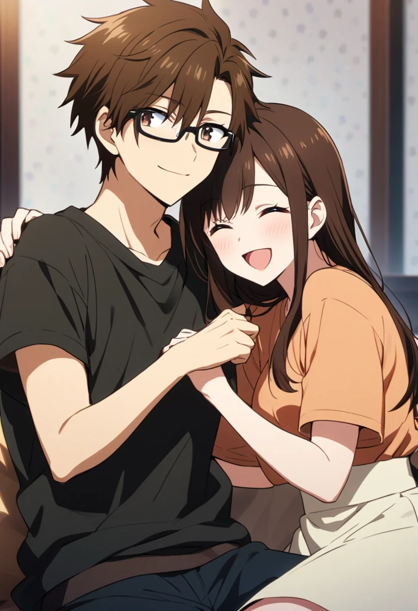 anime, two people, one beautiful female with long brown hair and no glasses, the other person is a male with short dark brown hair and black rimmed glasses, they are boyfriend and girlfriend, both smiling 