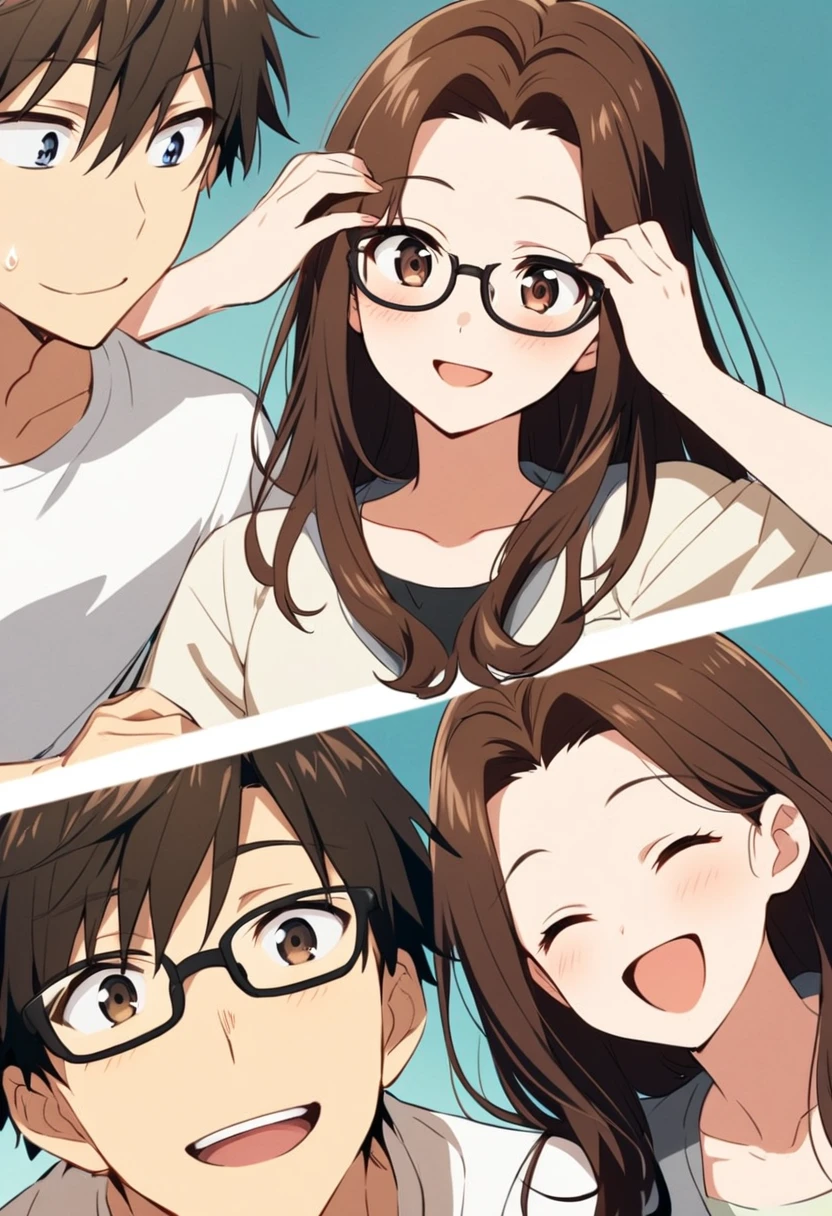 anime, two people, one beautiful female with long brown hair and no glasses, the other person is a male with short dark brown hair and black rimmed glasses, they are boyfriend and girlfriend, both smiling