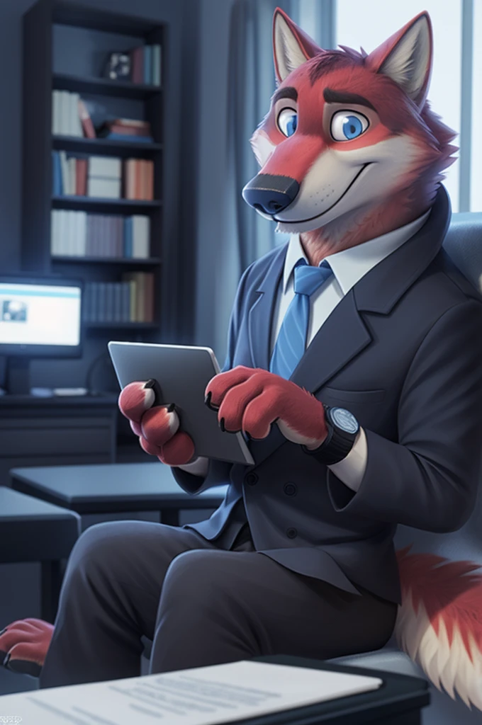 Joachim Wolfbach (Zootopia),tall handsome, wolf,young, 24 years, brown fur, hair on the head,(red body:1.3),Blue eyes, Moscow Dressed, shirt,blazer, tie,trousers,canine, wolf, detailed fur, Male, antro, paw pads, finger claws,holding a laptop, at viewer, 5 fingers, paws, 5 fingers, smile, happy, resting, wrist watch, т nextel, sitting at home watching TV, by xenoforge, (difficult, high detail, film photography, soft focus, RAW, pilot by training,smile смех
фотореализм, realistic, photorealistic, analog style, Subsurface scattering,
masterpiece, Best quality, ultra realistic, 8 k)