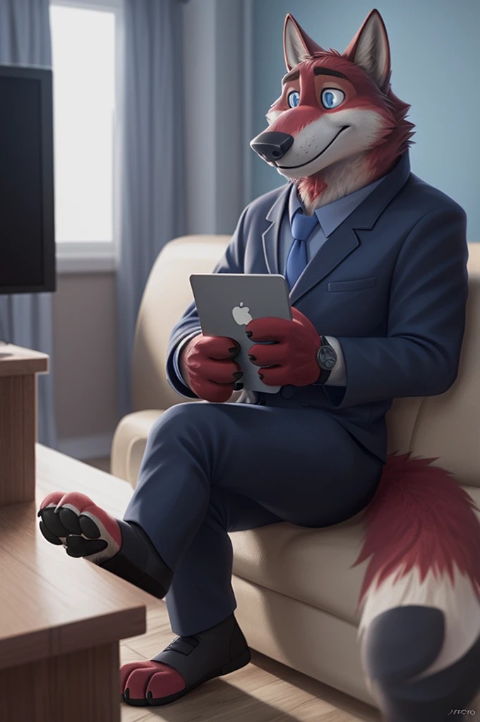 Joachim Wolfbach (Zootopia),tall handsome, wolf,young, 24 years, brown fur, hair on the head,(red body:1.3),Blue eyes, Moscow Dressed, shirt,blazer, tie,trousers,canine, wolf, detailed fur, Male, antro, paw pads, finger claws,holding a laptop, at viewer, 5 fingers, paws, 5 fingers, smile, happy, resting, wrist watch, т nextel, sitting at home watching TV, by xenoforge, (difficult, high detail, film photography, soft focus, RAW, pilot by training,smile смех
фотореализм, realistic, photorealistic, analog style, Subsurface scattering,
masterpiece, Best quality, ultra realistic, 8 k)