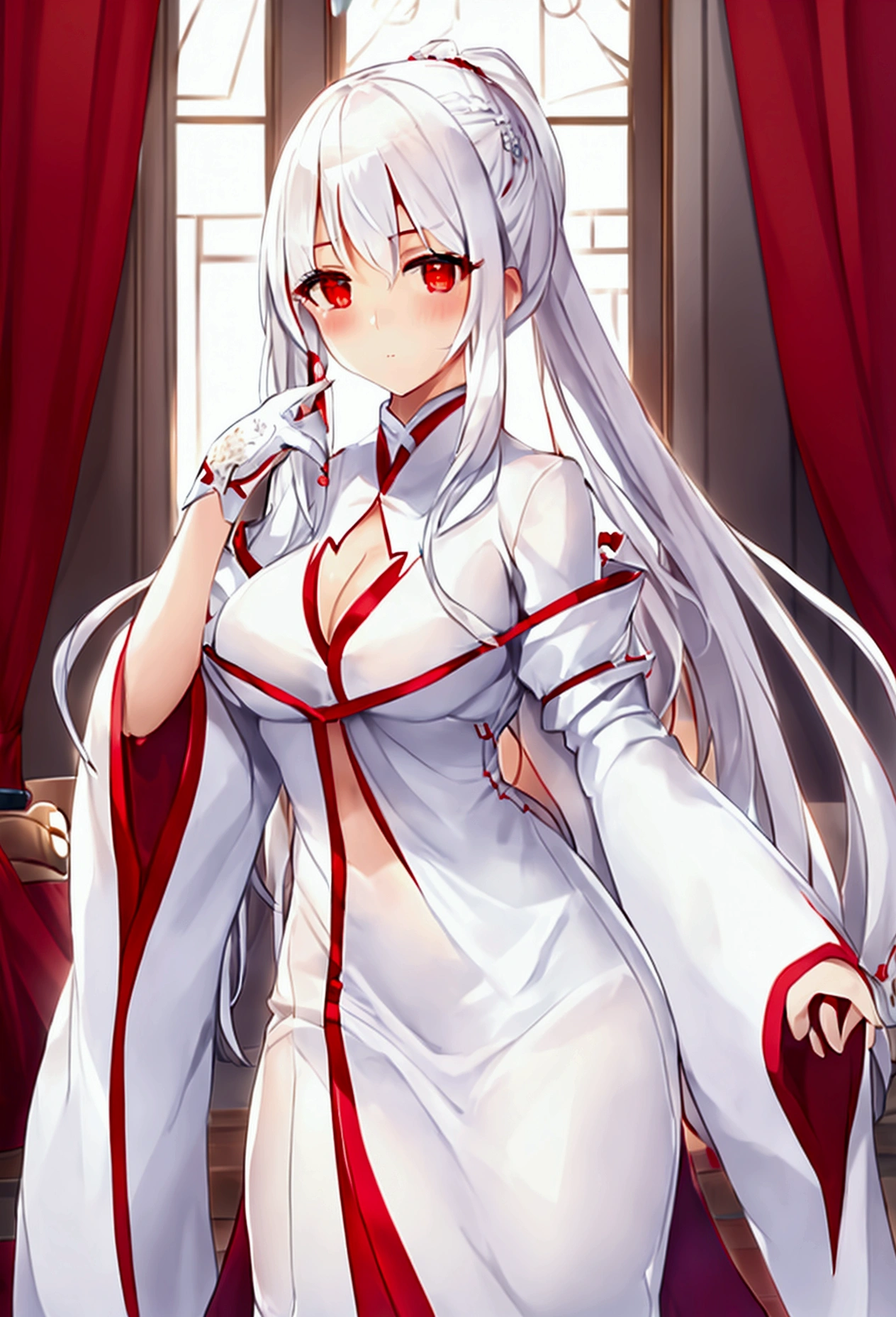 tmasterpiece,best qualityer,Cinematic lighting effects,Particle light effects,Aesthetic filters,1girll,White long hair,Red eyes,horn,Tail,Shyness blush,
sitted,Lower breast,onbed,Hanfu,Ancient Chinese room,the night,waxy candles