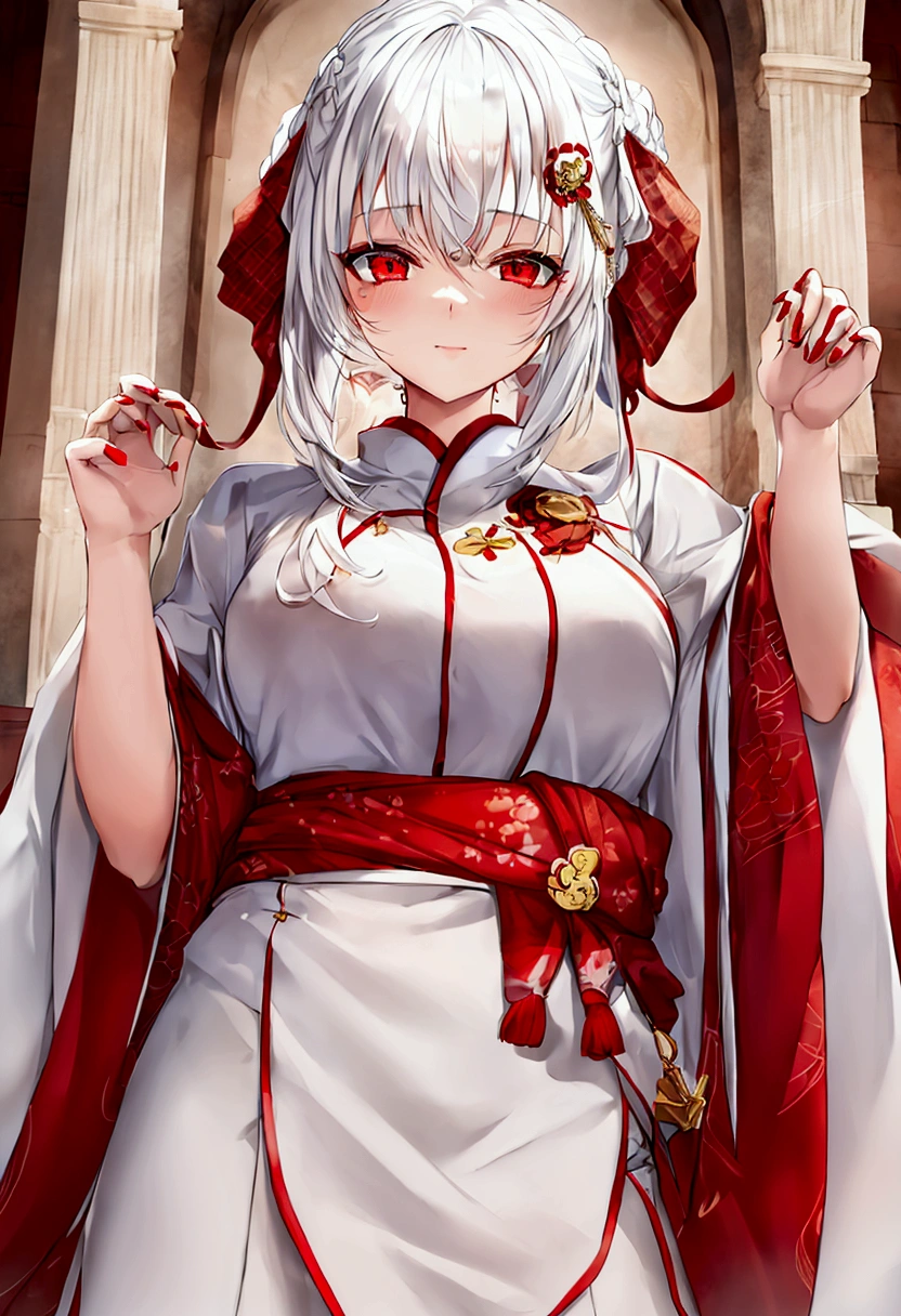 cute girl, with white hair and white clothes with beautiful red eyes