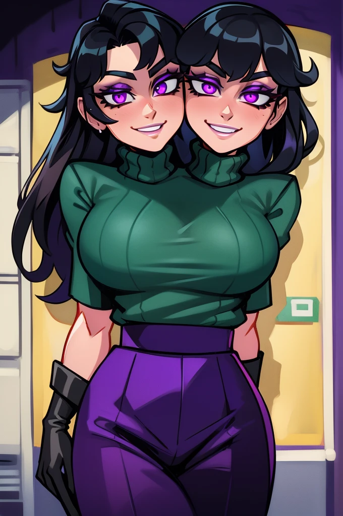 best quality, (masterpiece),(ultra-detailed), (high quality), (high resolution), ((2heads:1.5)), best quality:1.5, highres, UHD, 16K),(( two headed woman)), smiling, highres, masterpiece, ((black hair)), emerald jewelry, ((purple turtleneck shirt)), track pants, long dark gloves, seductive silhouette, sharp looking eyes, ((dark queen)), eyeshadow