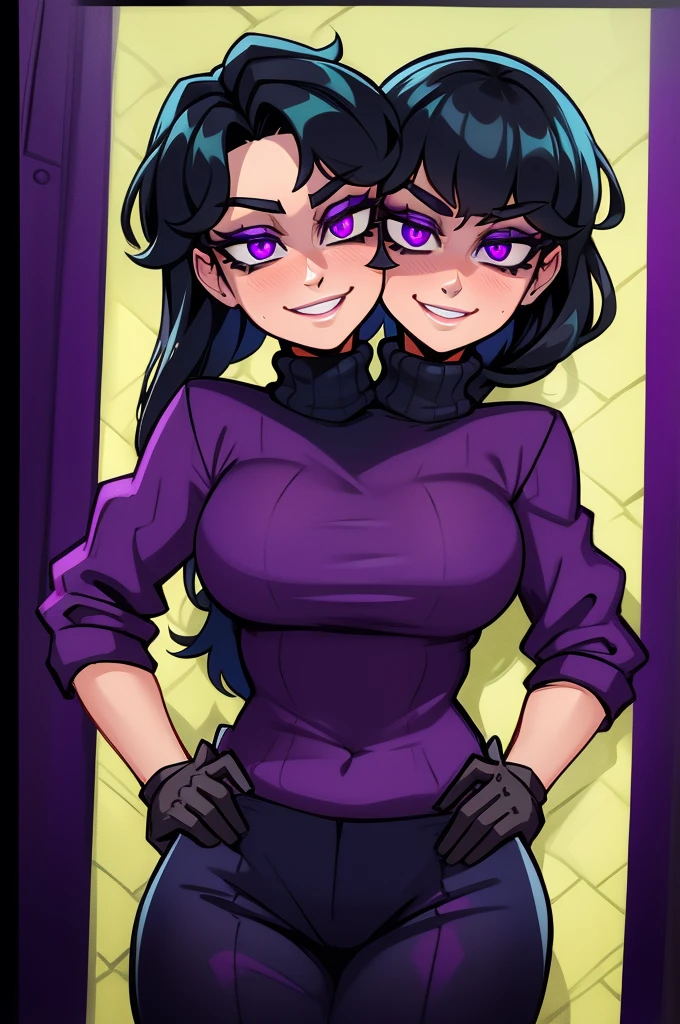 best quality, (masterpiece),(ultra-detailed), (high quality), (high resolution), ((2heads:1.5)), best quality:1.5, highres, UHD, 16K),(( two headed woman)), smiling, highres, masterpiece, ((black hair)), emerald jewelry, ((purple turtleneck shirt)), track pants, long dark gloves, seductive silhouette, sharp looking eyes, ((dark queen)), eyeshadow
