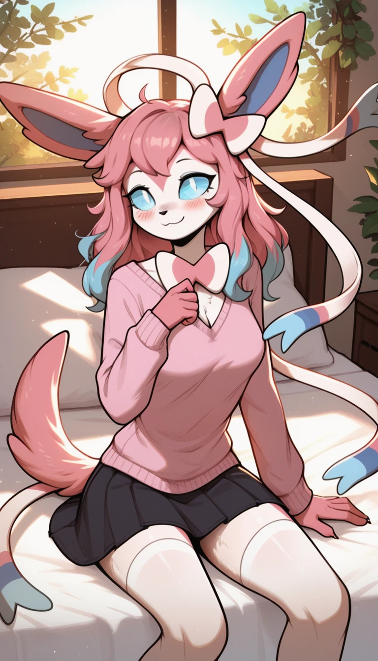 Excited expression, 1girl, anthro, furry, fur, fluffy fur, sylveon girl, pink hair (cyan highlights), cyan eyes, long pink hair, Messy hair, (19 years), medium breast, thighs, solo, (bedroom), sunset, detailed, pink sweater, black skirt, white stockings, wide smile (closed mouth), looking at the viewer, blush, score_9, score_8_up, score_7_up, score_6_up, score_5_up, score_4_up