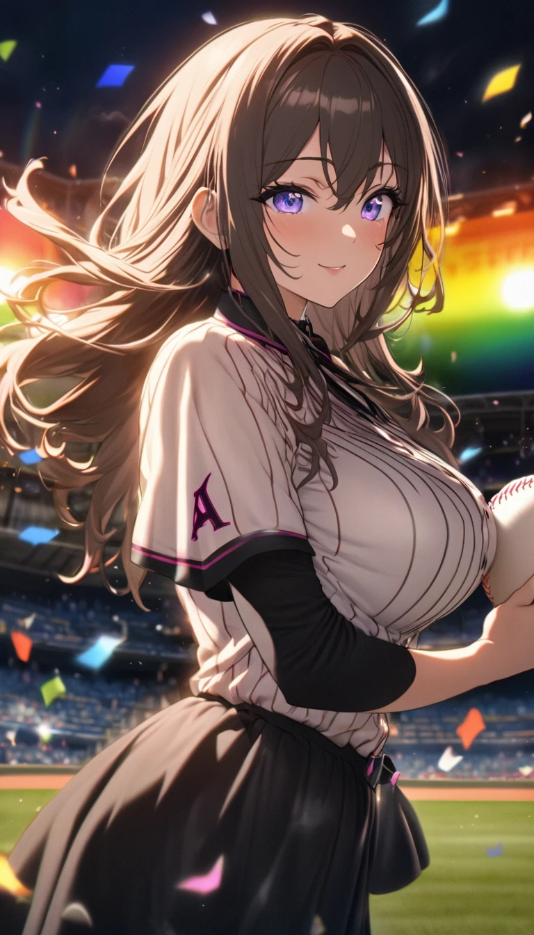 Highest quality, Highest quality, 16K, Unbelievably absurd, Very detailed, delicate and dynamic, Natural light, The particles reflect the rainbow colors, Diffuse reflection of light, Vortex of Light, Lots of rainbow-colored confetti falling, beautiful baseball field, night, illumination, Create amazing image effects, Upper body close-up, (sole sexy girl, Firm bust, Idol singer, First pitch, pitcher, pitching, Baseball uniform,)
