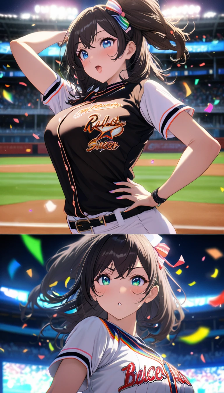 Highest quality, Highest quality, 16K, Unbelievably absurd, Very detailed, delicate and dynamic, Natural light, The particles reflect the rainbow colors, Diffuse reflection of light, Vortex of Light, Lots of rainbow-colored confetti falling, beautiful baseball field, night, illumination, Create amazing image effects, Upper body close-up, (sole sexy girl, Firm bust, Idol singer, First pitch, pitcher, pitching, Baseball uniform,)