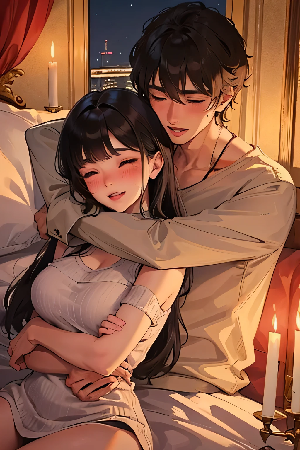 Young boy and woman passionately making out, kissing, lips touching, hugging tight, both blushing intensely, eyes closed, in bed, night time, candles lit