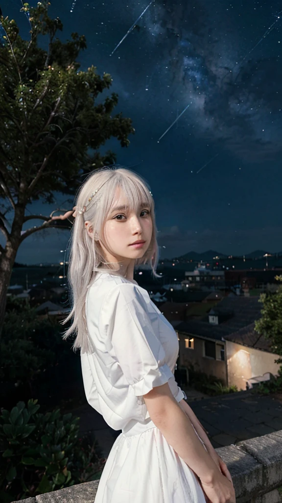 The background is a city, perfect white-haired girl, in dress, white-haired, white-haired god, cute anime waifu in beautiful clothes, gray-haired, best anime 4k konachan wallpaper, little curve , guvez on Pixiv ArtStation, white-haired girl, nightcore, standing on a tree, looking up at the stars, face super detailed