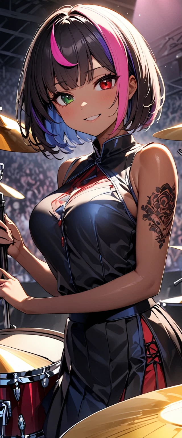 (highest quality:1.2, Very detailed, up to date, Vibrant, Ultra-high resolution, High Contrast, masterpiece:1.2, highest quality, Best aesthetics), girl、slim, , heterrochromia, green eye, red eye, Passionate performance、stage、performance、Rock Music、Bright colors、Beautiful fine details、Beautiful lip detail、extra short hair, ((bob cut:1.5))、pink and purple ((streaked hair:1.9)), (highlights hair: 1.6), middium , (tan skin:1), sitting at a drum set and playing the drums. The drum set includes a bass drum, snare drum, toms, floor toms, hi-hat, crash cymbals, ride cymbals, and a china cymbal. , (holding one drum srick on the both hands:1), Music band、(powerful pose:1)、beating cymbals with drum sticks, Concert Light、Edgy Style、colorful Cheongsam, (no sleeve:1)、Dynamic Movement、hypnotic sounds、Stadium、amplifier、Loud music、,Sparkling stage、Concert atmosphere、Music Festival、Full of emotion、Rock star attitude、Resolute expression、Avid Fan、The presence of an attractive stage、 Expressive gestures、Rock star aura、An exciting atmosphere、Sing with all your heart、An unforgettable show, (Floral Fineline tattoo design on right arm:1),