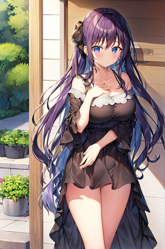 yukimi, *****., long hair, blunt bangs, flat chest, expressionless, shy, twintail haired, black one-piece dress, see-through one-piece, frilld, (see-through silhouette:1.2), (see-through pussy:1.4), pussy, knee high-socks, standing, outside, snowing, at night, best quality, masterpiece, 16K, cute, smile,