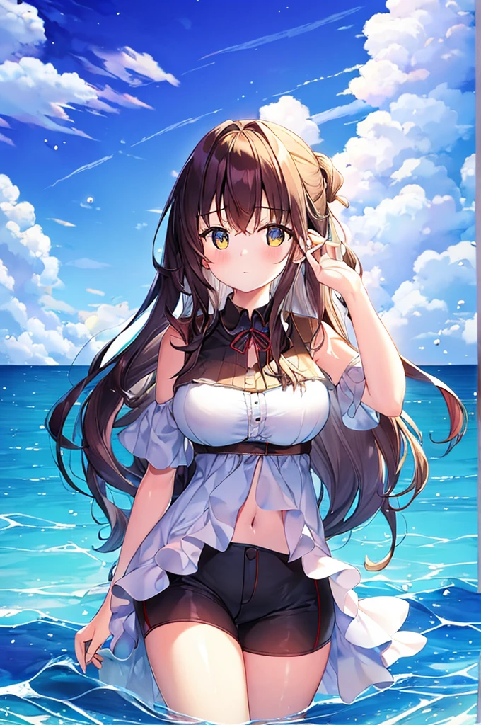 (Masterpiece, Top quality: 1.5), (1 girl, solo), large breasts, standard weight, (brown hair:1.3), (airy hair, wavy hair), long hair ,asymmetry bangs, swept bangs, , happy:1.1, (flustered:1.2), casual fashion with many gorgeous and colorful decorations, Various Situations:1.2, (dynamic angle:1.3), (Various pose:1.3), magnificent panorama view, open mouth, summer:1.2,  __items__ __items__ __items__, 