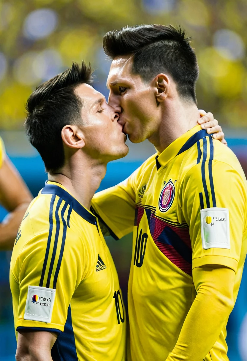 James Rodríguez Colombia team number 10 yellow shirt and Lionel Messi number 10 yellow shirt kissing