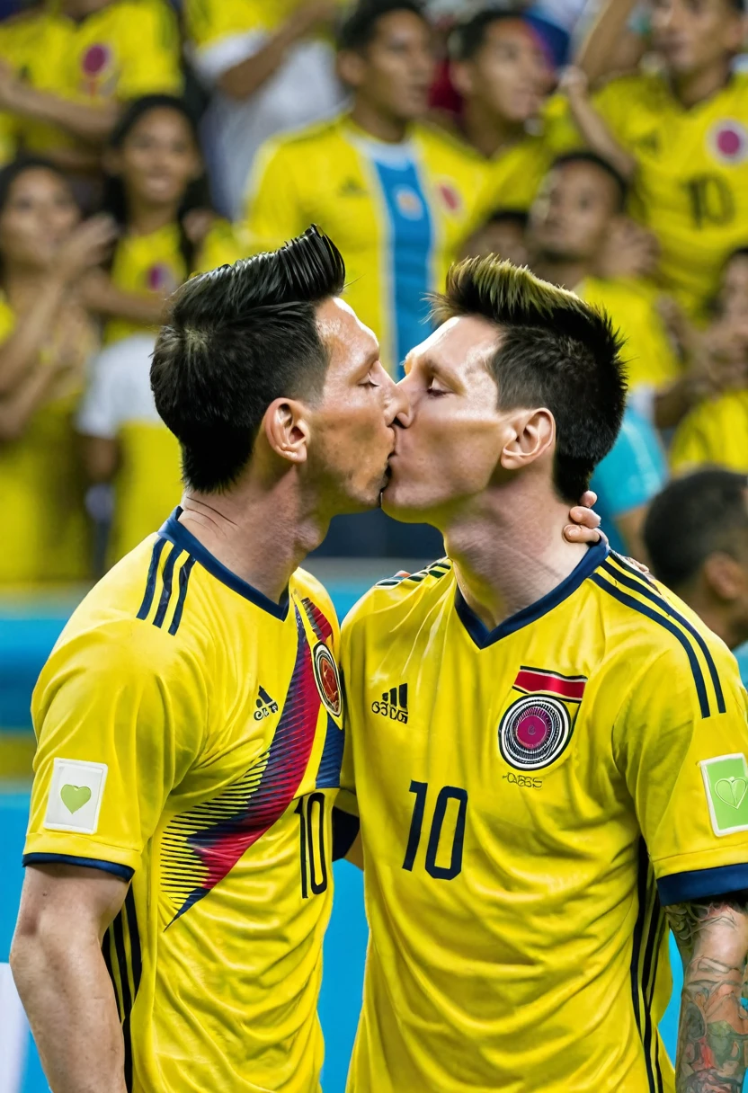 James Rodríguez Colombia team number 10 yellow shirt and Lionel Messi number 10 yellow shirt kissing