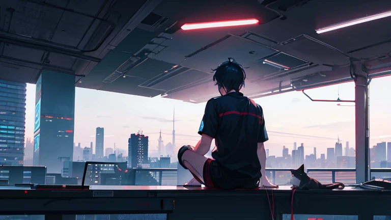 a gamer boy sitting with his back in a building looking at a cyberpunk city with his cat by his side 4k