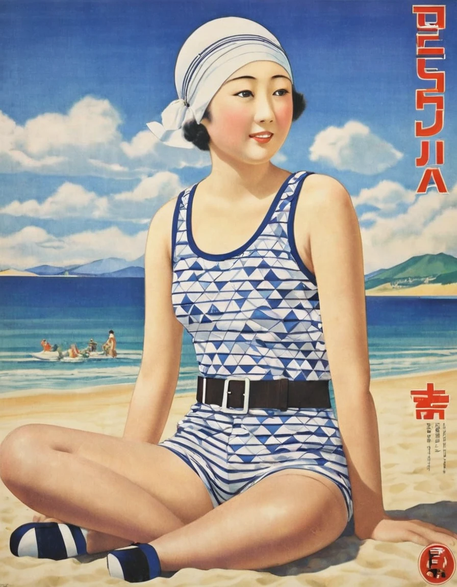 (((1930s Japanese poster)))),A masterpiece sitting on the beach,close-up,portrait, beach,Japanese woman,(Japanese pompadour:1.3),narrow eyes,Expressionless,(geometric pattern tank top:1.3),(black short pants),(white belt),(tight swim cap)