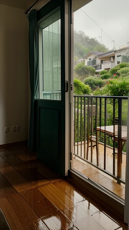make a casual image, inside a house, with balcony and nature view, on a rainy day
