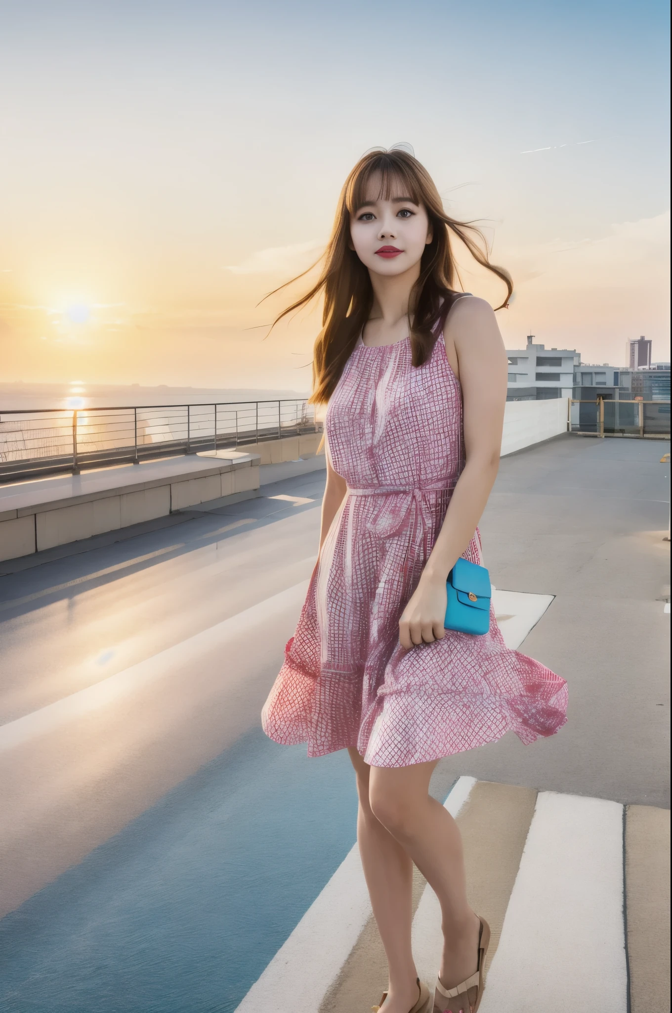 (Masterpiece, best quality: 1.2), 1 girl, alone, full body, (Hair tones of pink and blue), (big blue eyes), (lipstick, makeup), (simple red and white dress), Beautiful body , walking along the edge of a high fence, dynamic pose, 4k, high resolution, RAW quality, (close up shot from below), sunset in the background,