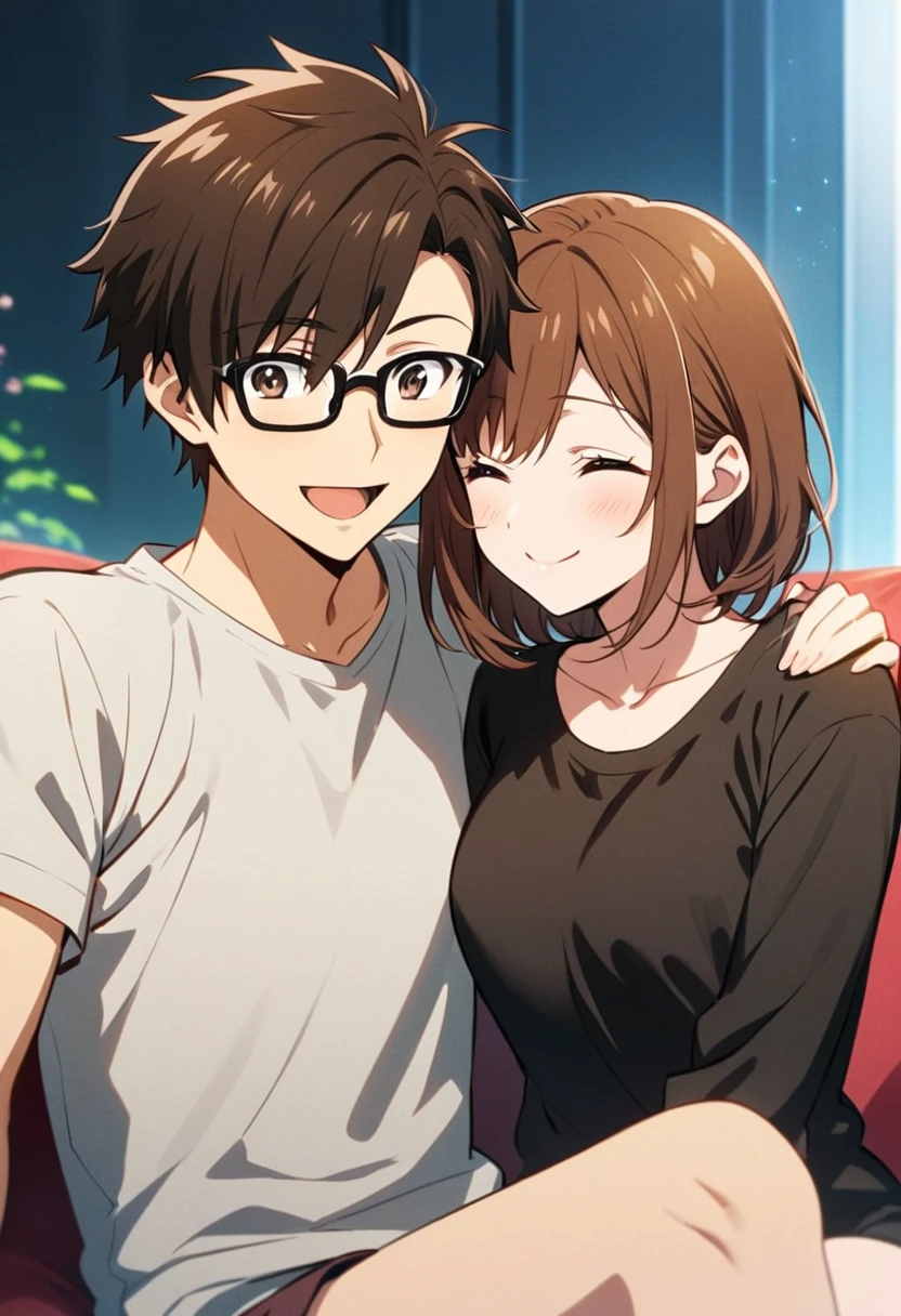 anime, two people, one beautiful female with long brown hair and no glasses, the other person is a male with short dark brown hair and black rimmed glasses, they are boyfriend and girlfriend, both smiling 