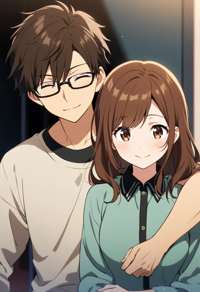 anime, two people, one beautiful female with long brown hair and no glasses, the other person is a male with short dark brown hair and black rimmed glasses, they are boyfriend and girlfriend, both smiling
