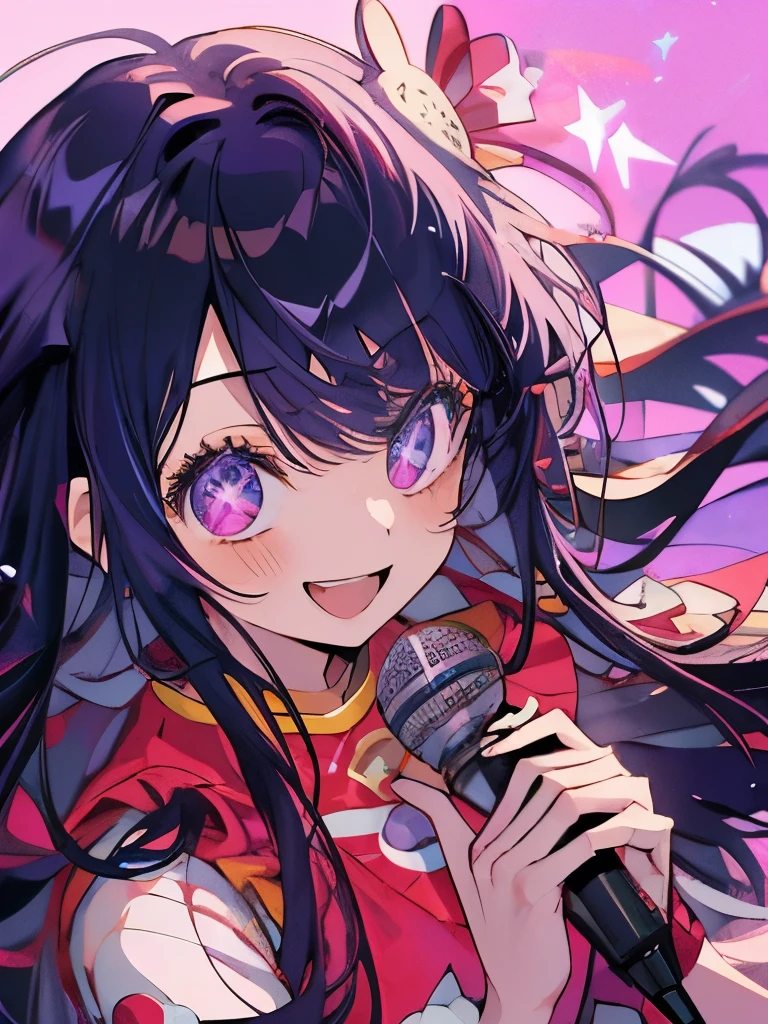 masterpiece、Cute Anime Girl、hoshino ai、Purple Hair、Long Hair、Purple eyes、Red costume、Bunny hair accessory、(((Hold the microphone)))、smile、Shining Background、Starry Ski、Upper Body