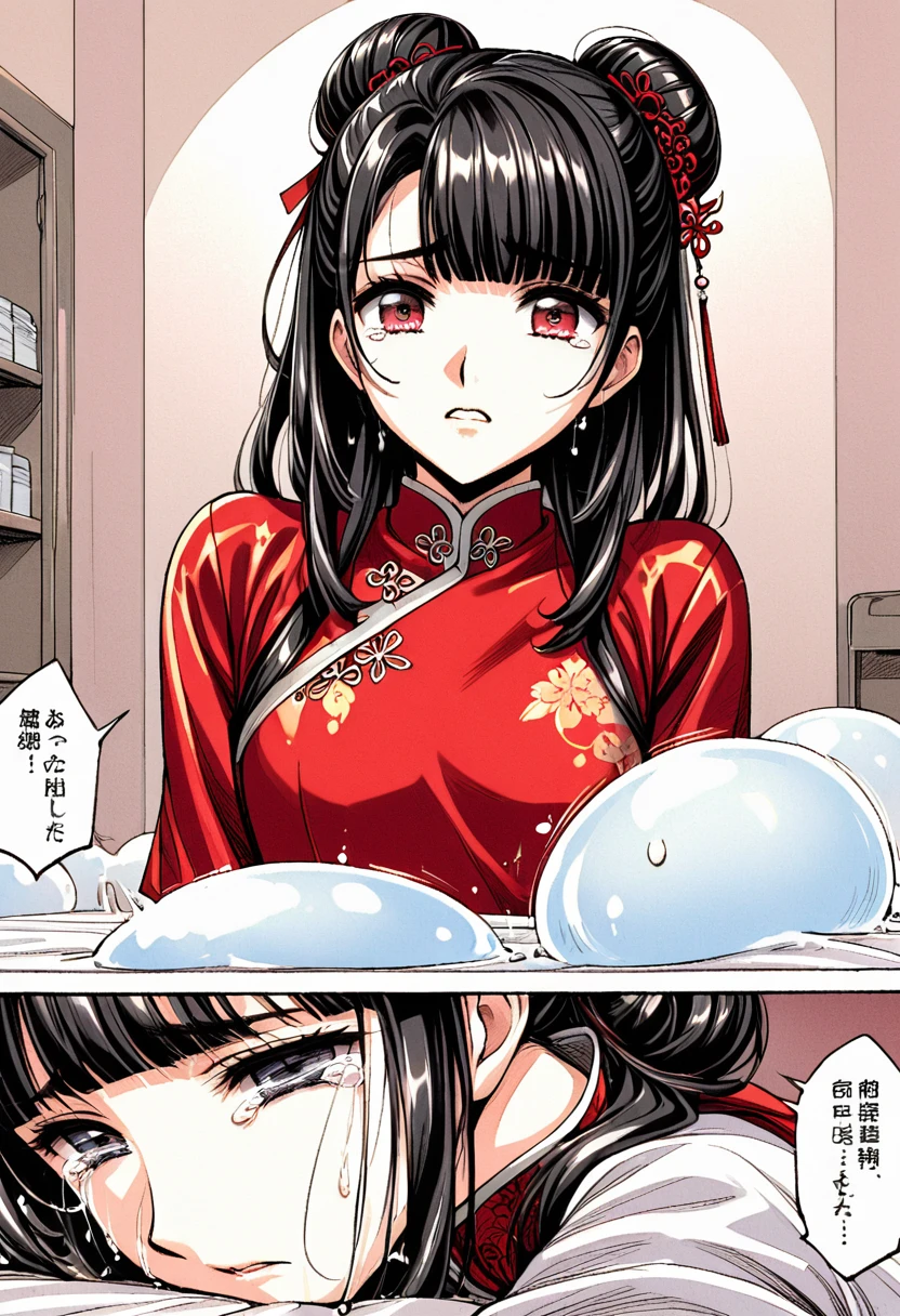 Period drama manga style　A 15-year-old super beautiful Chinese young lady with black hair in a bun cut wearing a super shiny red long-sleeved Chinese dress　A pussy covered in white slime and pubic hair is forced open　She is raped by the emperor and has sex in the missionary position while crying.