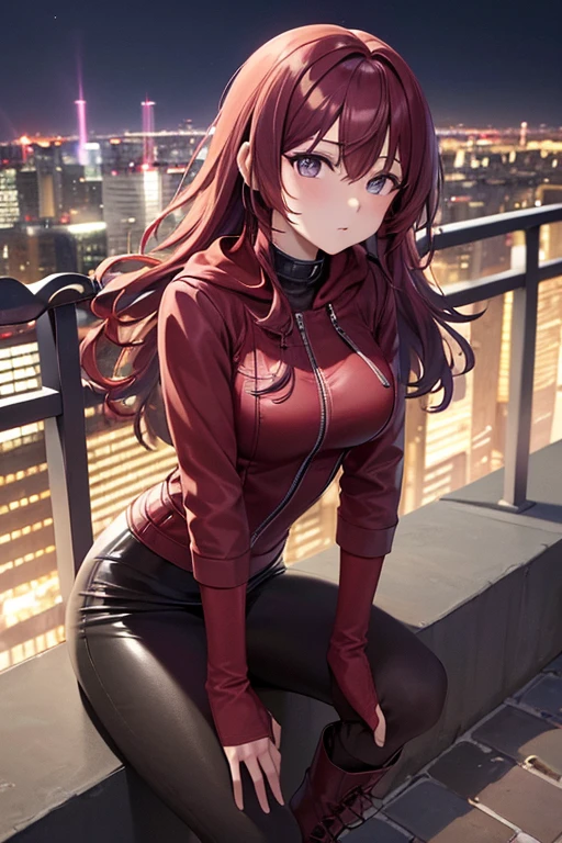 ((masterpiece, best quality, ultra-detailed)), highres, beautiful woman looking at viewer, red leather jacket and hoodie, black midi pencil skirt, long tight pencil skirt, leather boots, full body view, wavy purple hair, city, rooftop, fence, night sky, lights