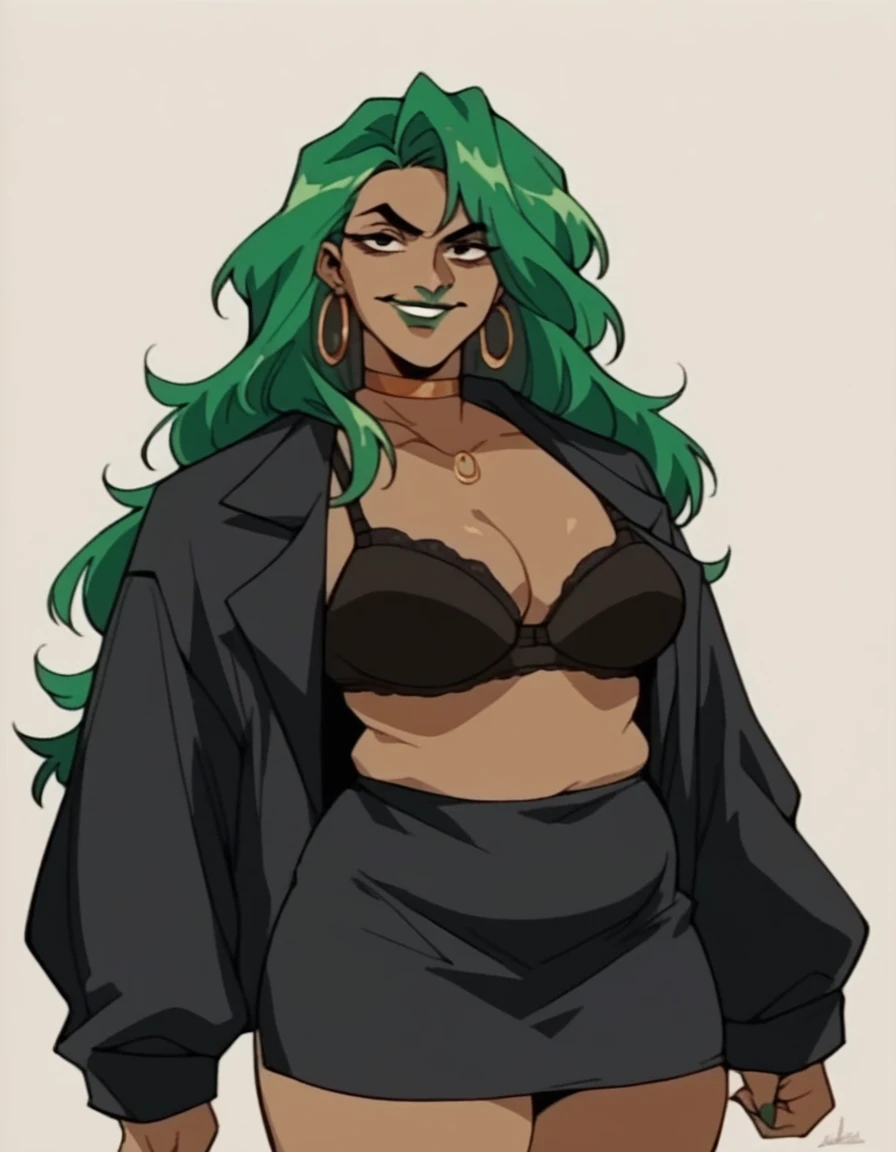 beautyfull woman, long green hair, long hair, african skin, green lipstick, black skirt, black bra, black chocker, black jacket, evil smile, chubby