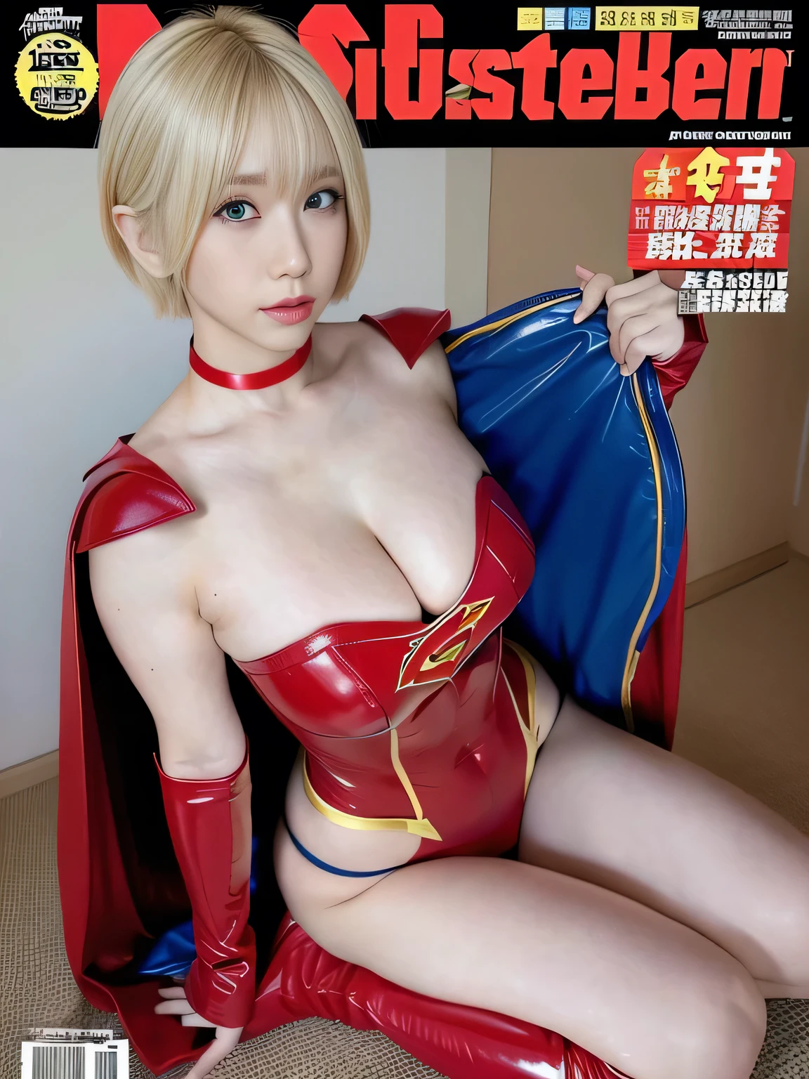 masterpiece、Rubber Supergirl Costume、Blonde Short Hair、Red rubber long boots、Big and ample breasts、looking at the camera、choker、Long sleeve、Cape、mini skirt、Off the shoulder、Sweaty skin、Hospital room、Photo magazine cover、seiza、Sit down and show off your beautiful legs、Knee-length boots、wallpaper for pc、