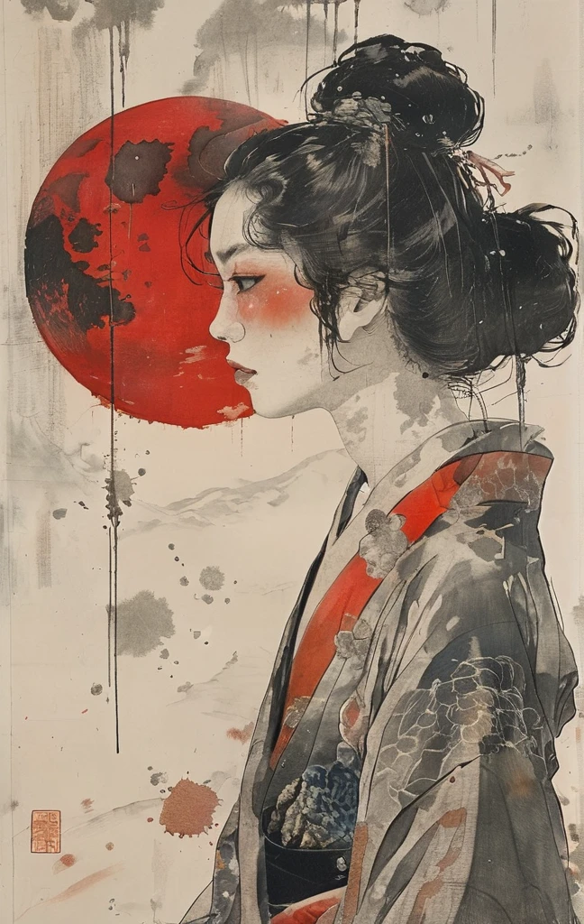 japanese line art    , a samurai( Alert! Step into the sleek and versatile world of "Tights" (タイツ). Explore how this garment plays a role in fashion, performance, or everyday style :1.2) lower body missing visible skeletal structure , ripped rags, rope and bloody ground, black skies and large moon , floral damask background ,  in the style of  takato yamamoto    , 
